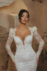 Elegant White Mermaid Portrait Sweetheart Long Sleeve Lace Wedding Dress