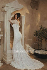Elegant White Mermaid Portrait Sweetheart Long Sleeve Lace Wedding Dress