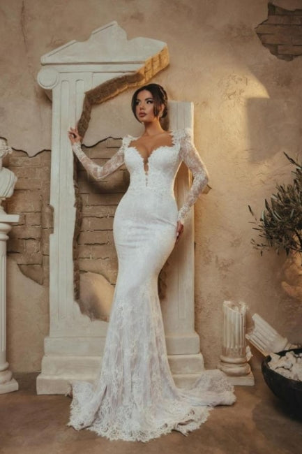 Elegant White Mermaid Portrait Sweetheart Long Sleeve Lace Wedding Dress