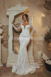 Elegant White Mermaid Portrait Sweetheart Long Sleeve Lace Wedding Dress
