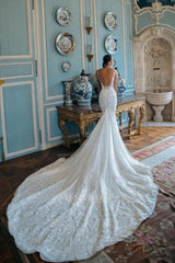Elegant White Mermaid Spaghetti Strap Sweetheart Backless Lace Cathedral Train Tulle Wedding Dresses With Appliques