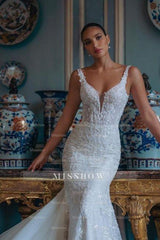 Elegant White Mermaid Spaghetti Strap Sweetheart Backless Lace Cathedral Train Tulle Wedding Dresses With Appliques