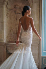 Elegant White Mermaid Spaghetti Strap Sweetheart Backless Lace Cathedral Train Tulle Wedding Dresses With Appliques