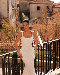 Elegant White Mermaid Spaghetti Straps Sleeveless Lace Beaded Satin Chapel Train Wedding Dress With Appliques