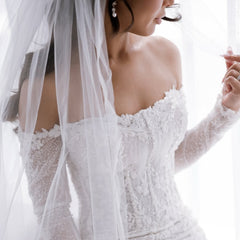 Elegant White Mermaid Strapless Off-The-Shoulder Beaded Lace Long Sleeves Cathedral Train Tulle Wedding Dress