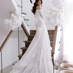 Elegant White Mermaid Strapless Off-The-Shoulder Beaded Lace Long Sleeves Cathedral Train Tulle Wedding Dress