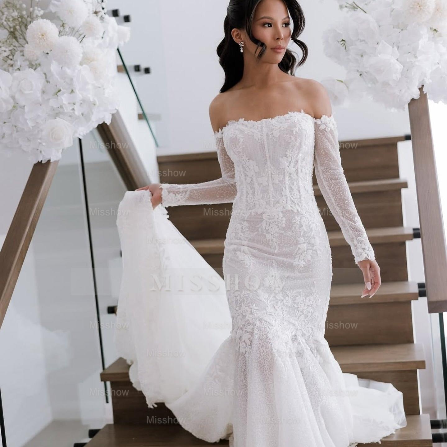 Elegant White Mermaid Strapless Off-The-Shoulder Beaded Lace Long Sleeves Cathedral Train Tulle Wedding Dress