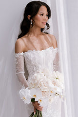 Elegant White Mermaid Strapless Off-The-Shoulder Beaded Lace Long Sleeves Cathedral Train Tulle Wedding Dress