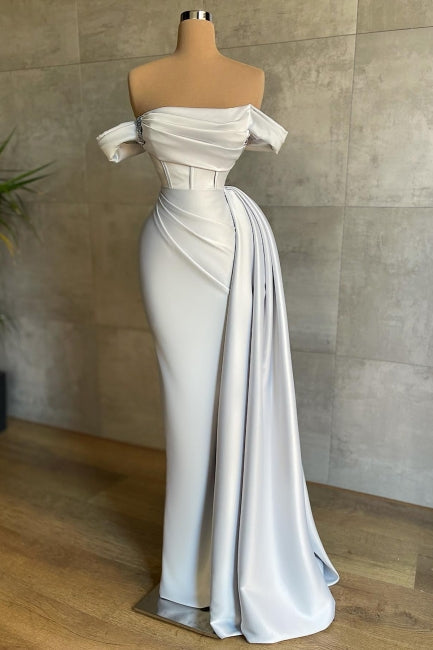 Elegant White Mermaid Strapless Off-The-Shoulder Column Sleeveless Satin Panel Train Ruffle Simple Evening Dresses