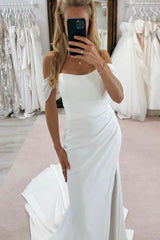 Elegant White Mermaid Strapless Off-The-Shoulder Sleeveless Chapel Train Simple Satin Wedding Dresses With Slit
