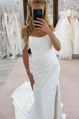 Elegant White Mermaid Strapless Off-The-Shoulder Sleeveless Chapel Train Simple Satin Wedding Dresses With Slit