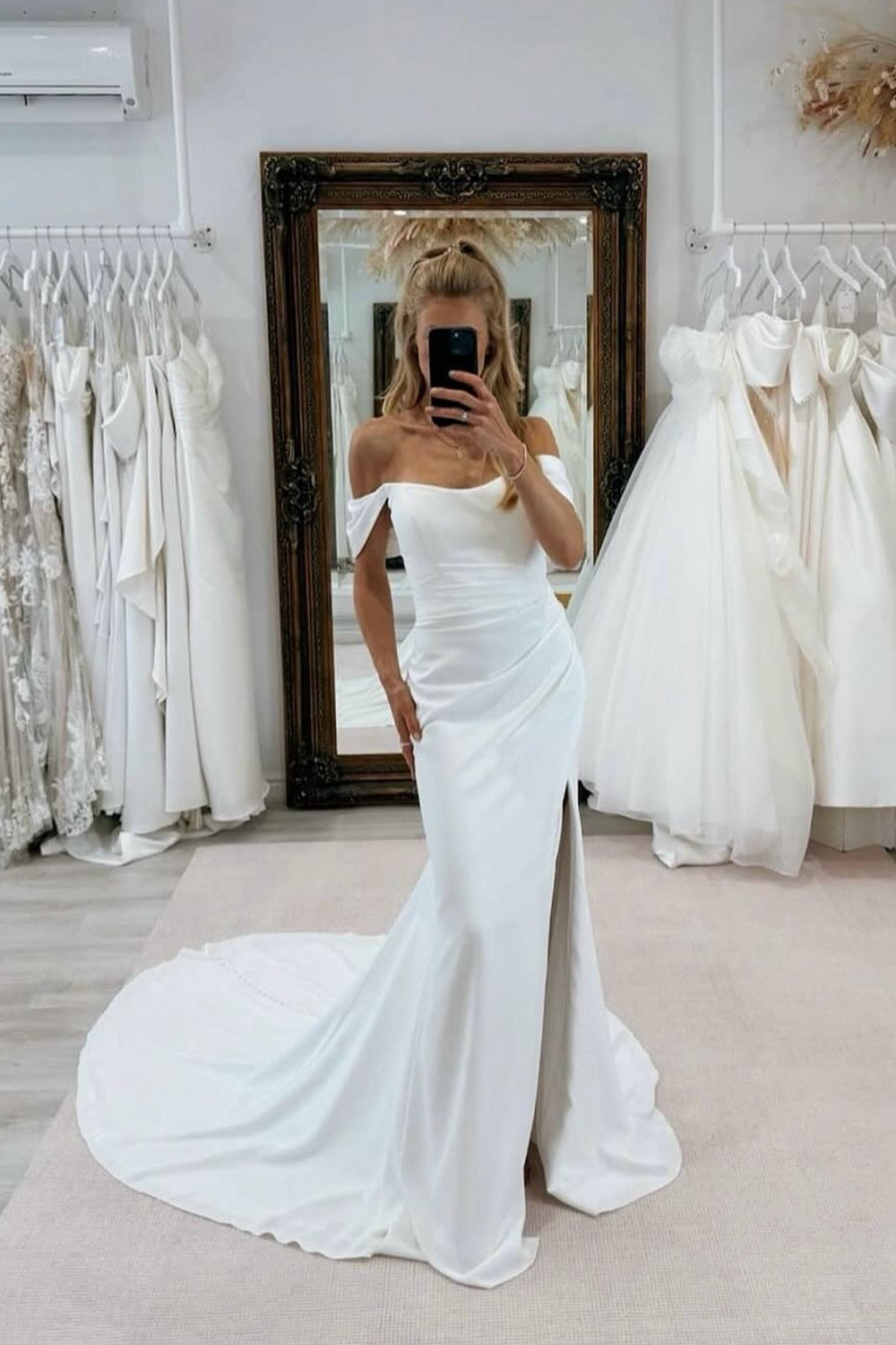 Elegant White Mermaid Strapless Off-The-Shoulder Sleeveless Chapel Train Simple Satin Wedding Dresses With Slit