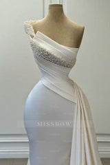 Elegant White Mermaid Strapless One-Shoulder Beaded Sleeveless Satin Panel Train Ruffle Evening Dresses With Pearls