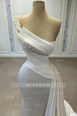 Elegant White Mermaid Strapless One-Shoulder Beaded Sleeveless Satin Panel Train Ruffle Evening Dresses With Pearls