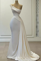 Elegant White Mermaid Strapless One-Shoulder Beaded Sleeveless Satin Panel Train Ruffle Evening Dresses With Pearls
