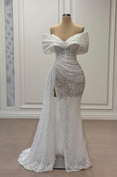 Elegant White Mermaid Strapless Sequined Off-The-Shoulder Ruffle Sleeveless Long Tulle Prom Dresses With Slit