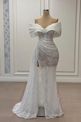 Elegant White Mermaid Strapless Sequined Off-The-Shoulder Ruffle Sleeveless Long Tulle Prom Dresses With Slit