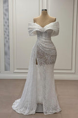 Elegant White Mermaid Strapless Sequined Off-The-Shoulder Ruffle Sleeveless Long Tulle Prom Dresses With Slit