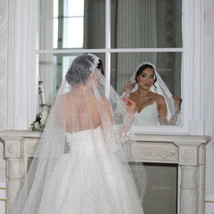 Elegant White Mermaid Strapless Sleeveless Lace Sequined Long Wedding Dress With Detachable Trian