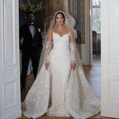 Elegant White Mermaid Strapless Sleeveless Lace Sequined Long Wedding Dress With Detachable Trian
