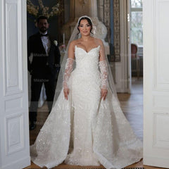 Elegant White Mermaid Strapless Sleeveless Lace Sequined Long Wedding Dress With Detachable Trian