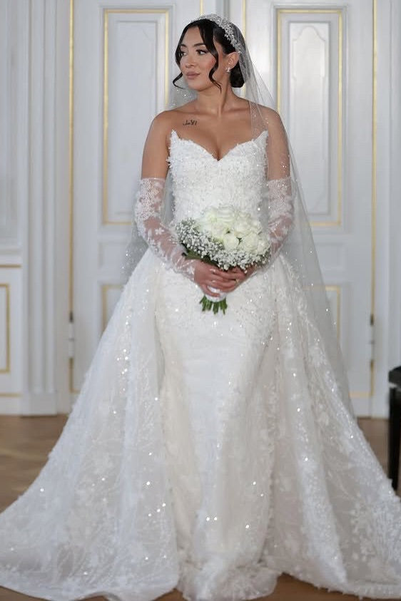 Elegant White Mermaid Strapless Sleeveless Lace Sequined Long Wedding Dress With Detachable Trian