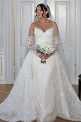 Elegant White Mermaid Strapless Sleeveless Lace Sequined Long Wedding Dress With Detachable Trian