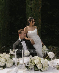 Elegant White Mermaid Strapless Sleeveless Ruffles Satin Chapel Train Wedding Dresses