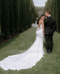 Elegant White Mermaid Strapless Sleeveless Ruffles Satin Chapel Train Wedding Dresses
