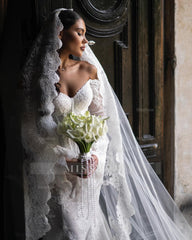 Elegant White Mermaid Sweetheart Off-The-Shoulder Long Sleeves Chapel Train Lace Wedding Dresses