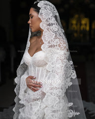Elegant White Mermaid Sweetheart Off-The-Shoulder Long Sleeves Chapel Train Lace Wedding Dresses