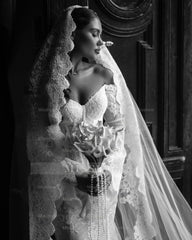 Elegant White Mermaid Sweetheart Off-The-Shoulder Long Sleeves Chapel Train Lace Wedding Dresses