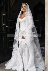 Elegant White Mermaid Sweetheart Off-The-Shoulder Long Sleeves Chapel Train Lace Wedding Dresses
