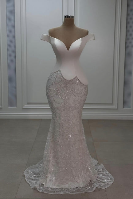 Elegant White Mermaid Sweetheart Off-The-Shoulder Sleeveless Long Lace Evening Dresses With Sequins