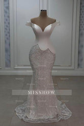 Elegant White Mermaid Sweetheart Off-The-Shoulder Sleeveless Long Lace Evening Dresses With Sequins