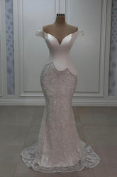 Elegant White Mermaid Sweetheart Off-The-Shoulder Sleeveless Long Lace Evening Dresses With Sequins