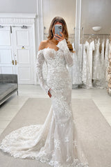 Elegant White Mermaid Sweetheart Strapless Lace Off-The-Shoulder Beaded Long Sleeves Wedding Dress With Appliques