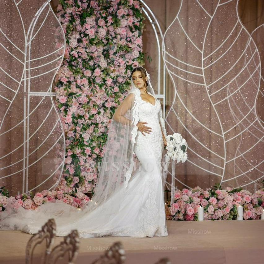 Elegant White Mermaid V-Neck Sleeveless Beaded Sweep Train Tulle Wedding Dress With Appliques