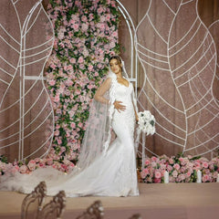 Elegant White Mermaid V-Neck Sleeveless Beaded Sweep Train Tulle Wedding Dress With Appliques