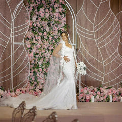 Elegant White Mermaid V-Neck Sleeveless Beaded Sweep Train Tulle Wedding Dress With Appliques