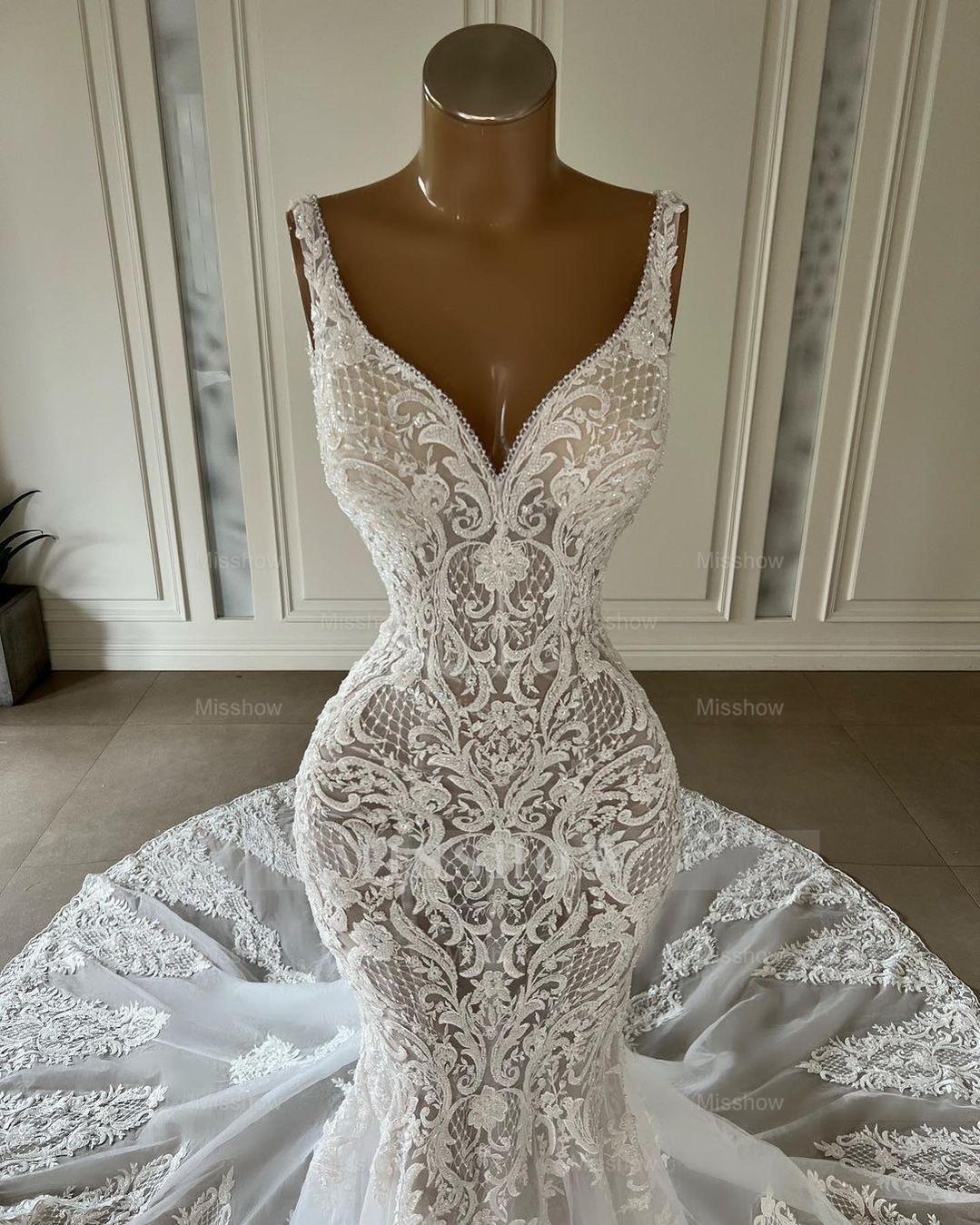 Elegant White Mermaid V-Neck Sleeveless Lace Wedding Dress - Timeless Bridal Gown