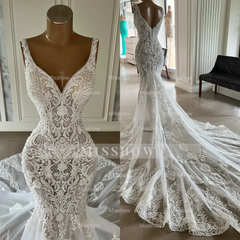 Elegant White Mermaid V-Neck Sleeveless Lace Wedding Dress - Timeless Bridal Gown
