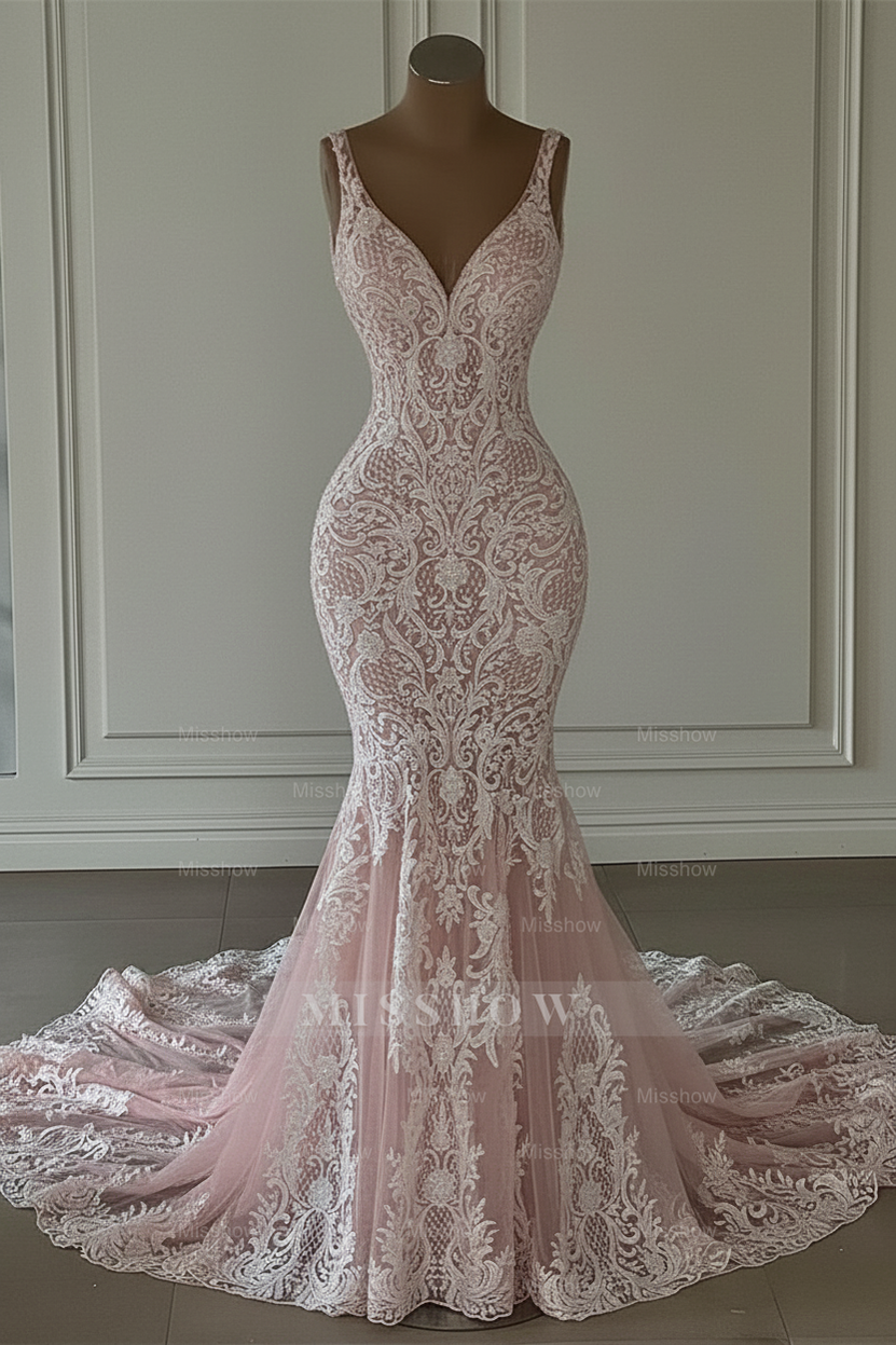 Elegant White Mermaid V-Neck Sleeveless Lace Wedding Dress - Timeless Bridal Gown