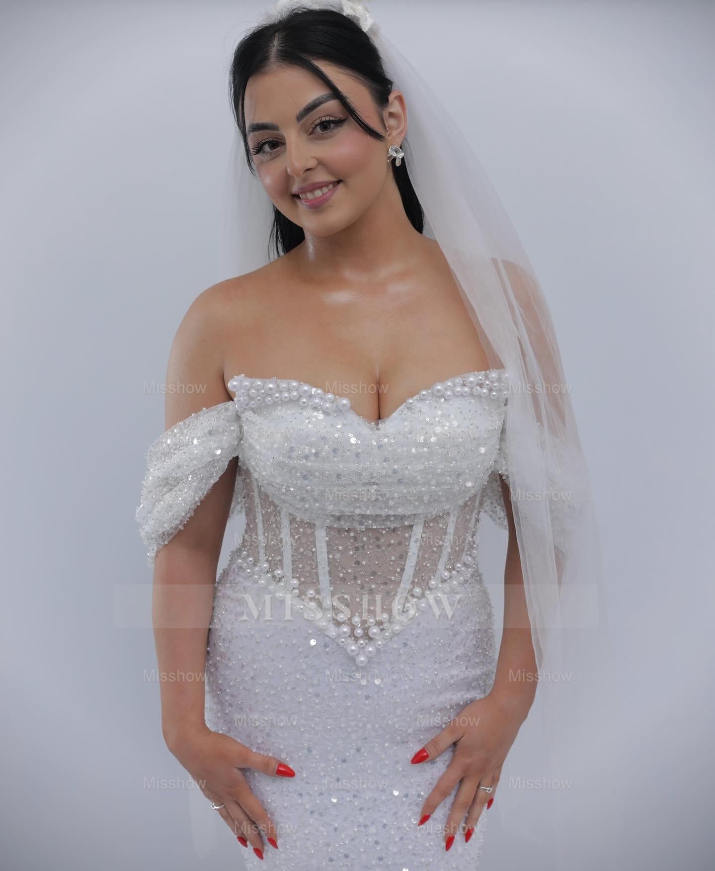 Elegant White Off-The-Shoulder Sleeveless Mermaid Wedding Dress with Sequins and Beadings