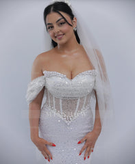 Elegant White Off-The-Shoulder Sleeveless Mermaid Wedding Dress with Sequins and Beadings