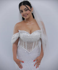 Elegant White Off-The-Shoulder Sleeveless Mermaid Wedding Dress with Sequins and Beadings