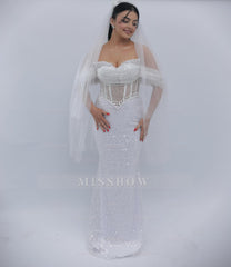 Elegant White Off-The-Shoulder Sleeveless Mermaid Wedding Dress with Sequins and Beadings
