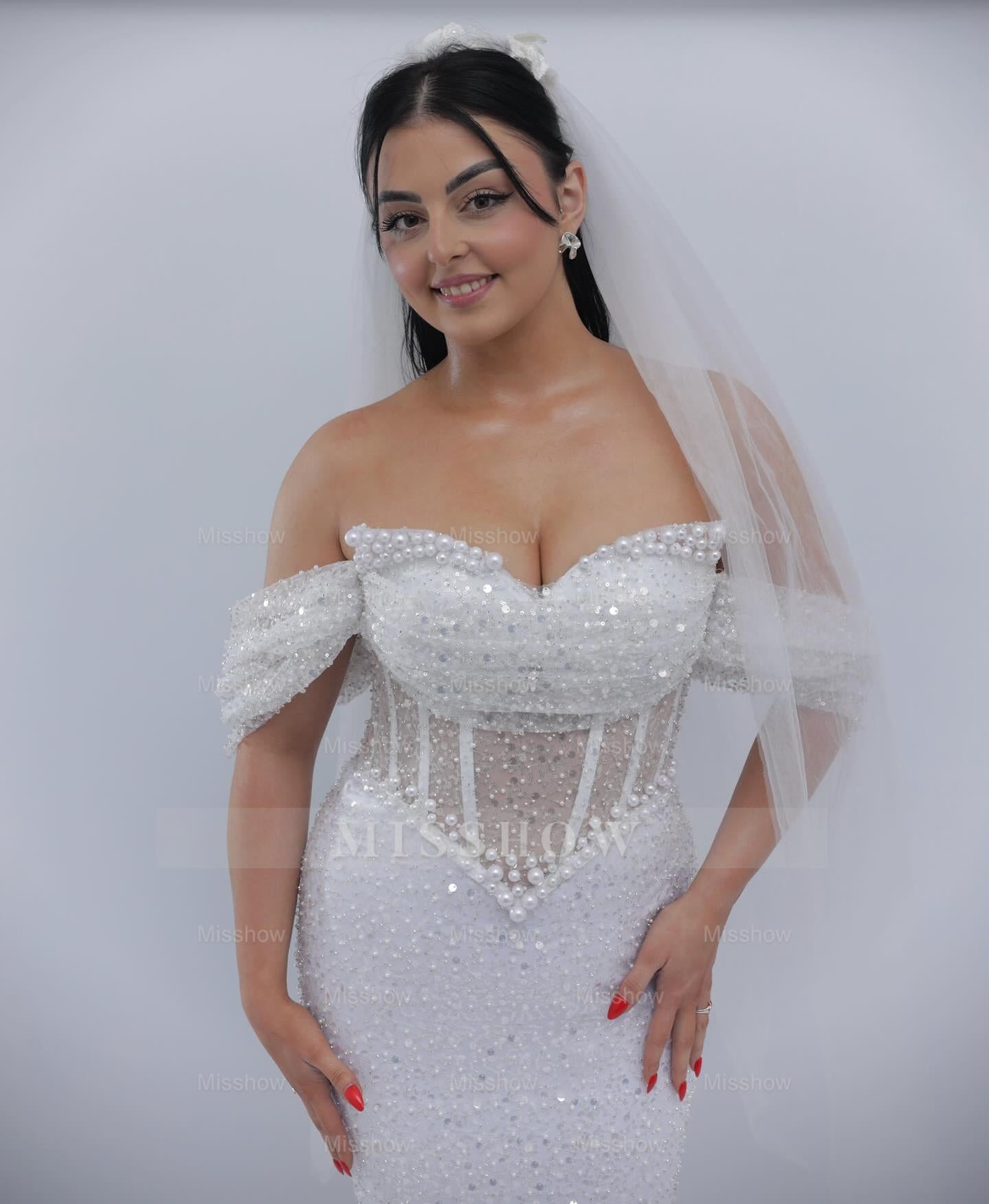 Elegant White Off-The-Shoulder Sleeveless Mermaid Wedding Dress with Sequins and Beadings