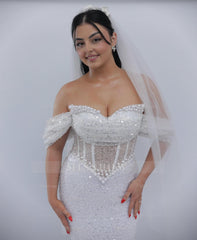 Elegant White Off-The-Shoulder Sleeveless Mermaid Wedding Dress with Sequins and Beadings