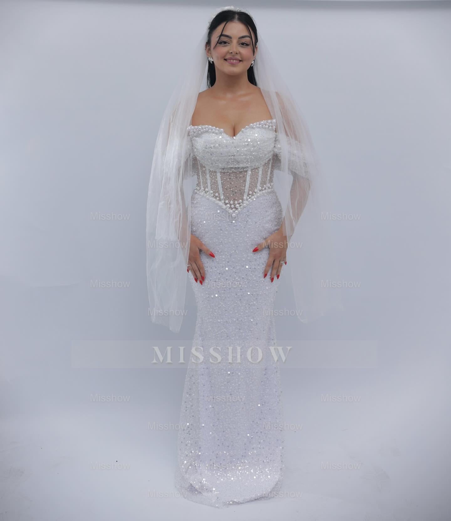 Elegant White Off-The-Shoulder Sleeveless Mermaid Wedding Dress with Sequins and Beadings